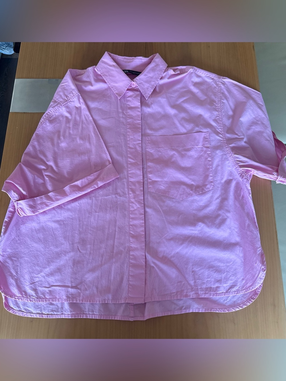 Zara Pink Short Sleeve Oversized Cotton Shirt SZ S